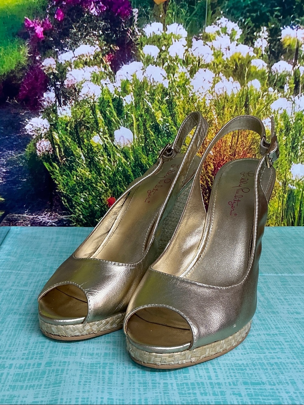 Lilly Pulitzer Metallic Gold Peep-Toe Slingback Wedge Sandals Size 9